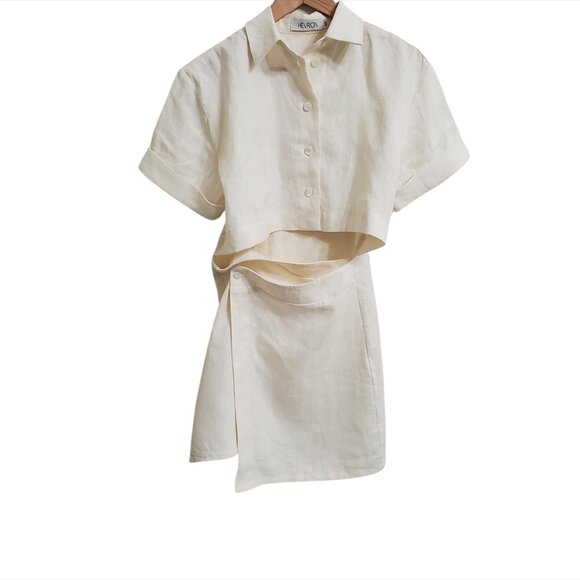 HEVRON Women Melanie Linen Cut-Out Mini Dress XS Ivory Short Sleeve Asymmetrical - Picture 5 of 13